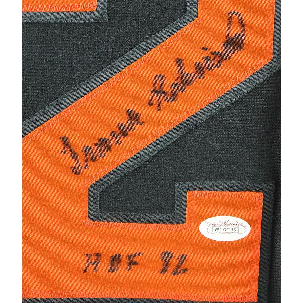 Press Pass Collectibles ORIOLES FRANK ROBINSON 'HOF 82' SIGNED BLACK ON FIELD MAJESTIC JERSEY PSA/DNA