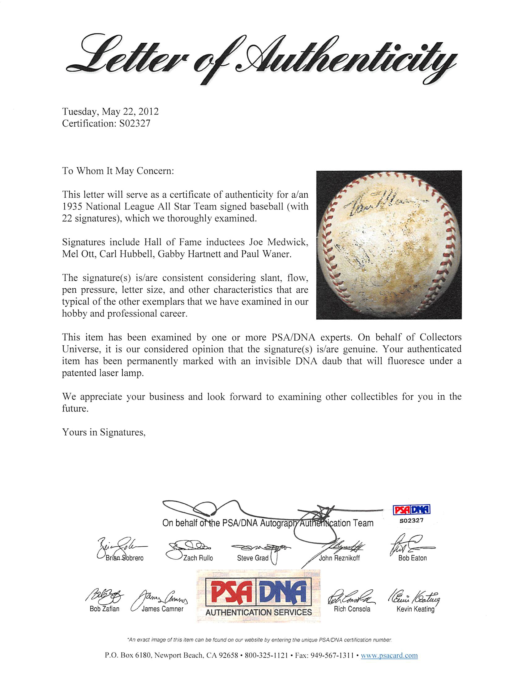 Press Pass Collectibles 1935 Nl All Stars (22) Signed Onl Baseball Ott Medwick Hubbell Waner PSA #S02327