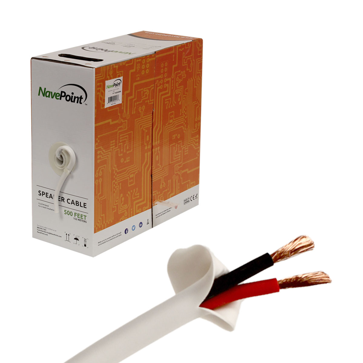 NavePoint 16/2 CL2 In Wall Speaker Cable 2 Conductor White - 500 Ft