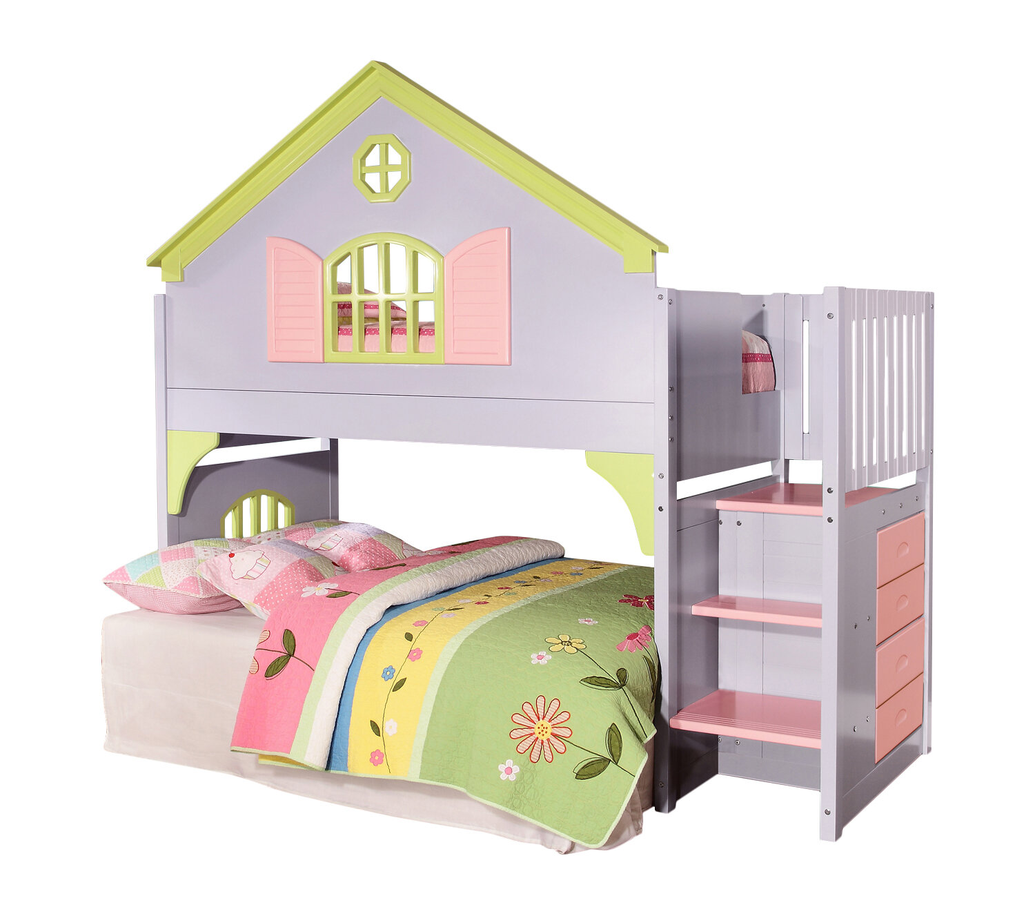 Donco Kids Twin Doll House Loft Bed, Dollhouse Bunk Bed With Stairs