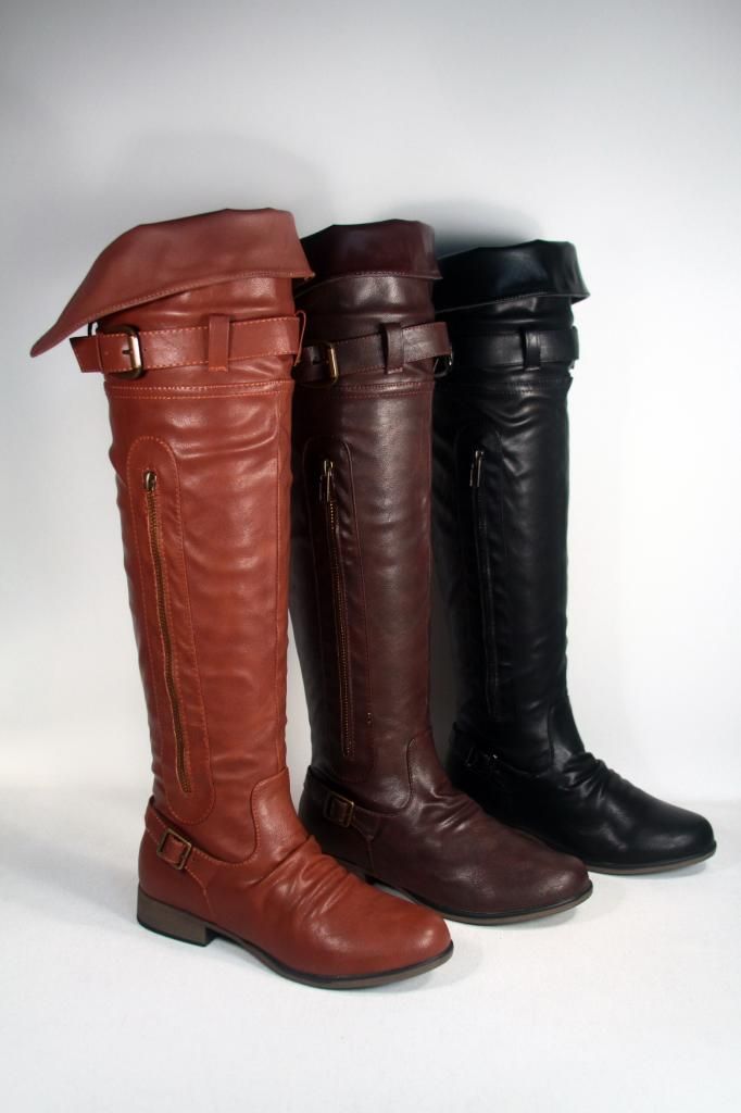 Forever Link Legend-26 Women's Low Heel Round Toe Buckle Knee Thigh High Boot