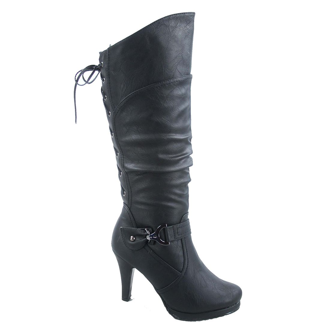 Top Moda Page-65 Women's Fashion Round Toe High Heel Platform Black Lace Up Knee High Boots Shoes