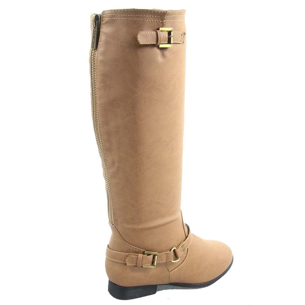 Top Moda Coco-1 Women's Fashion Round Toe Zipper Military Low Flat Heel Buckle Mid Calf Riding Boots Shoes