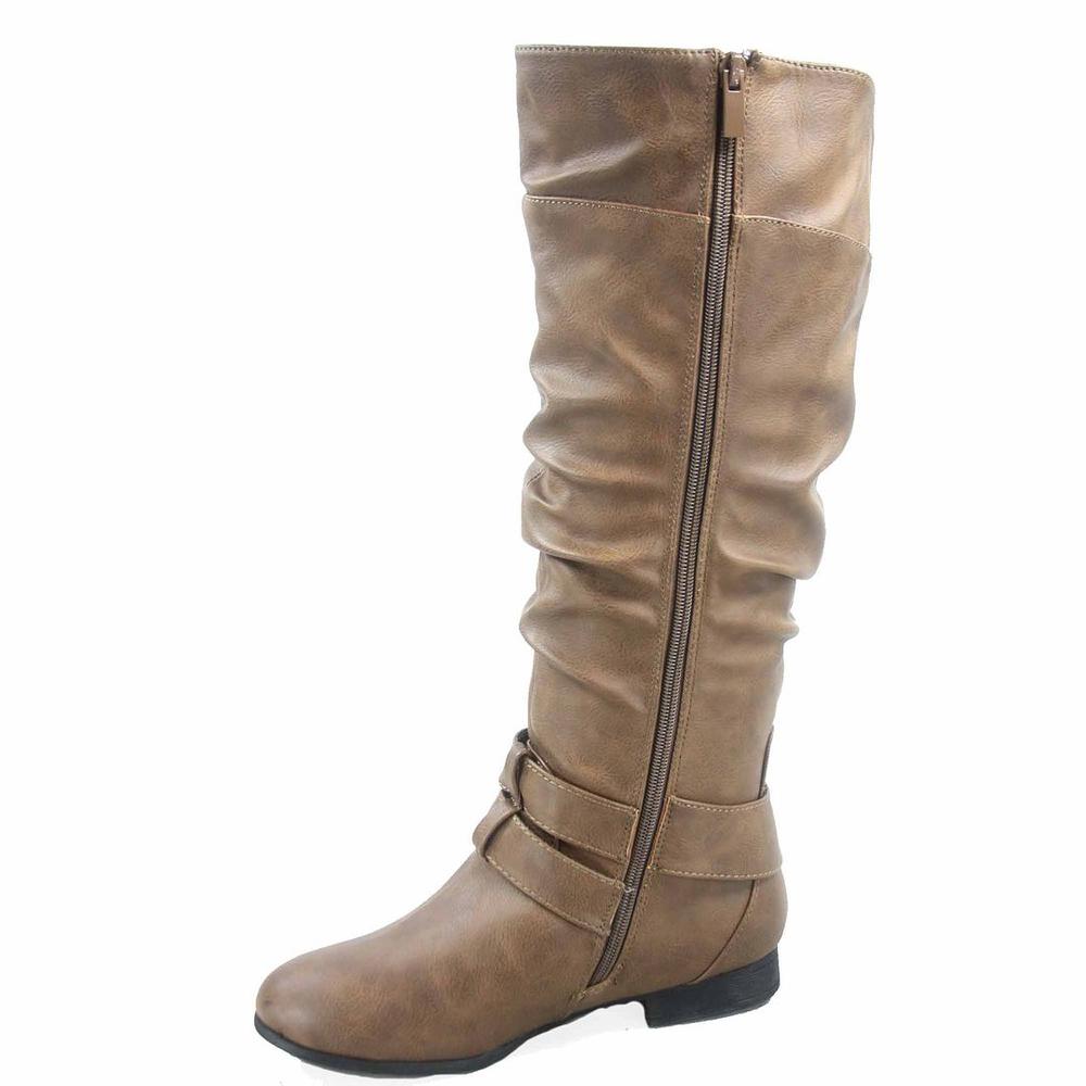 Top Moda Coco-20 Women's Fashion Low Flat Heel Knee High Side Zipper Ankle Buckles Riding Boot Shoes
