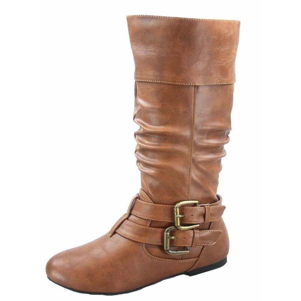 Forever Link Sonny-54 Women's Fashion Round Toe Flat Causal Mid Calf Zip Buckle Boots Shoes