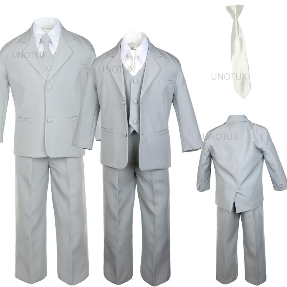 Unotux S M L XL 2T 3T 4T 6pc Ivory Satin Necktie + Baby Infant Toddler Formal Wedding Party Silver Gray Boy Suit Tuxedo Outfit