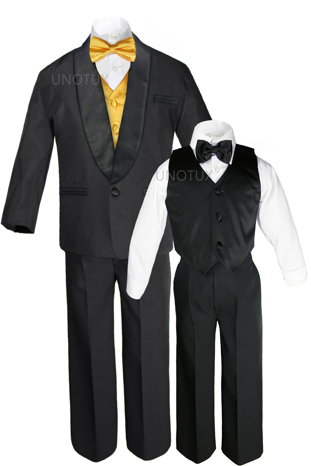 Unotux S M L XL 2T 3T 4T Baby Infant Toddler Black Formal Wedding Party Boy Shawl Lapel Suit Tuxedo Outfit 7pc Yellow Vest Set