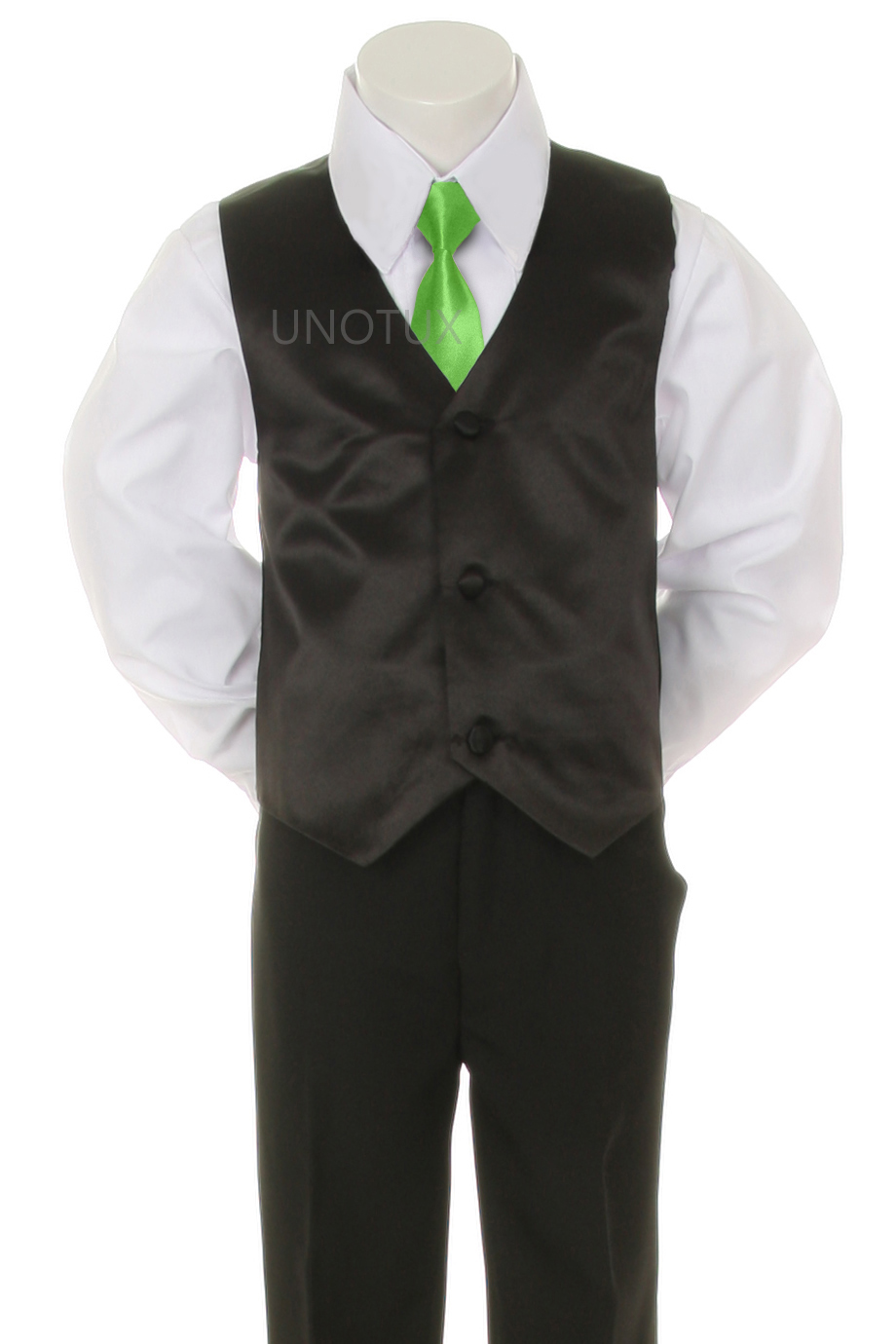 Unotux S M L XL 2T 3T 4T Lime Satin Necktie + Baby Infant Toddler Black Formal Wedding Party Boy Suit Satin Tuxedo 6pc Set