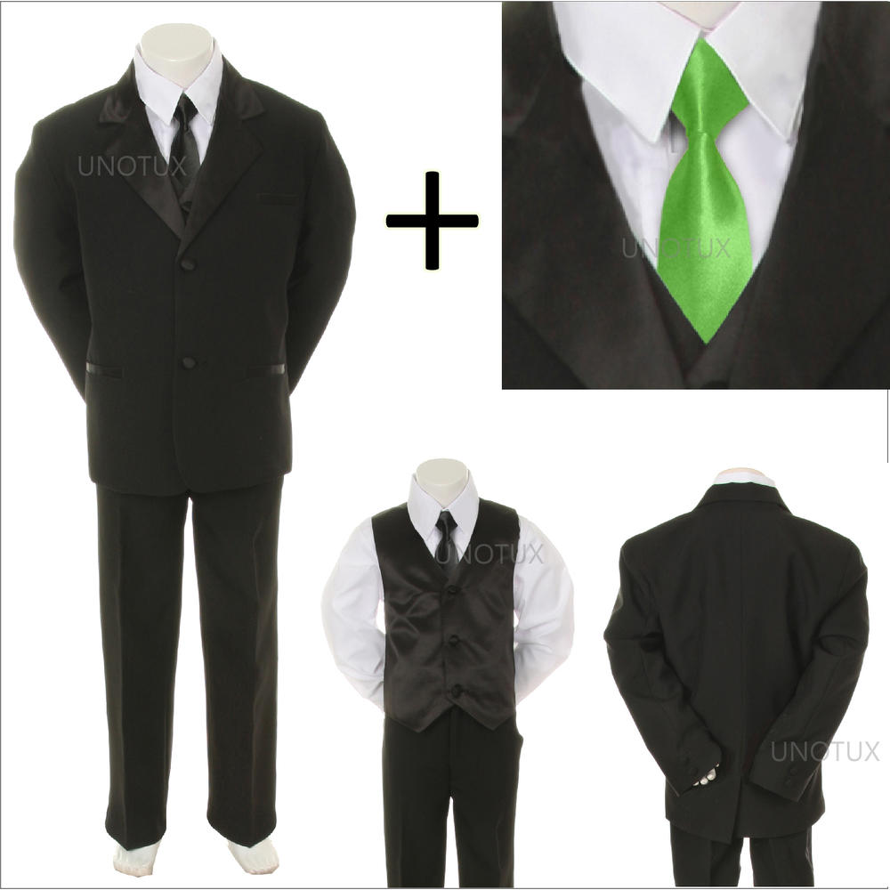 Unotux S M L XL 2T 3T 4T Lime Satin Necktie + Baby Infant Toddler Black Formal Wedding Party Boy Suit Satin Tuxedo 6pc Set