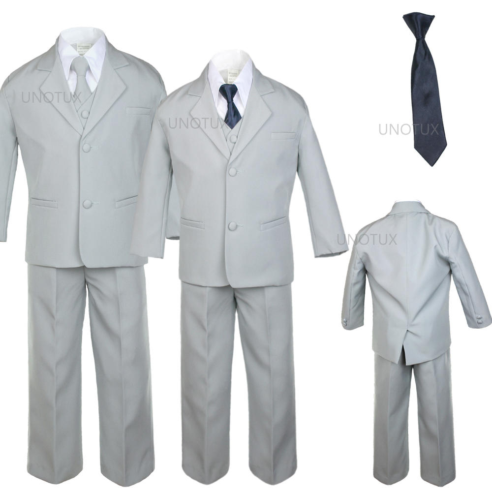 Unotux 5 6 7 8 10 12 14 16 18 20 6pc Navy Satin Necktie Kid Child Teen Silver Formal Wedding Party Graduation Boy Suit Tuxedo