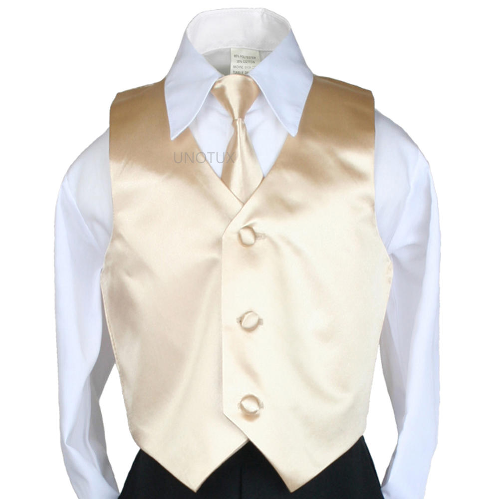 Unotux S M L XL 2T 3T 4T Champagne 2pc Vest + Necktie set for Boy Baby Infant toddler size matching for Formal Tuxedo Suit