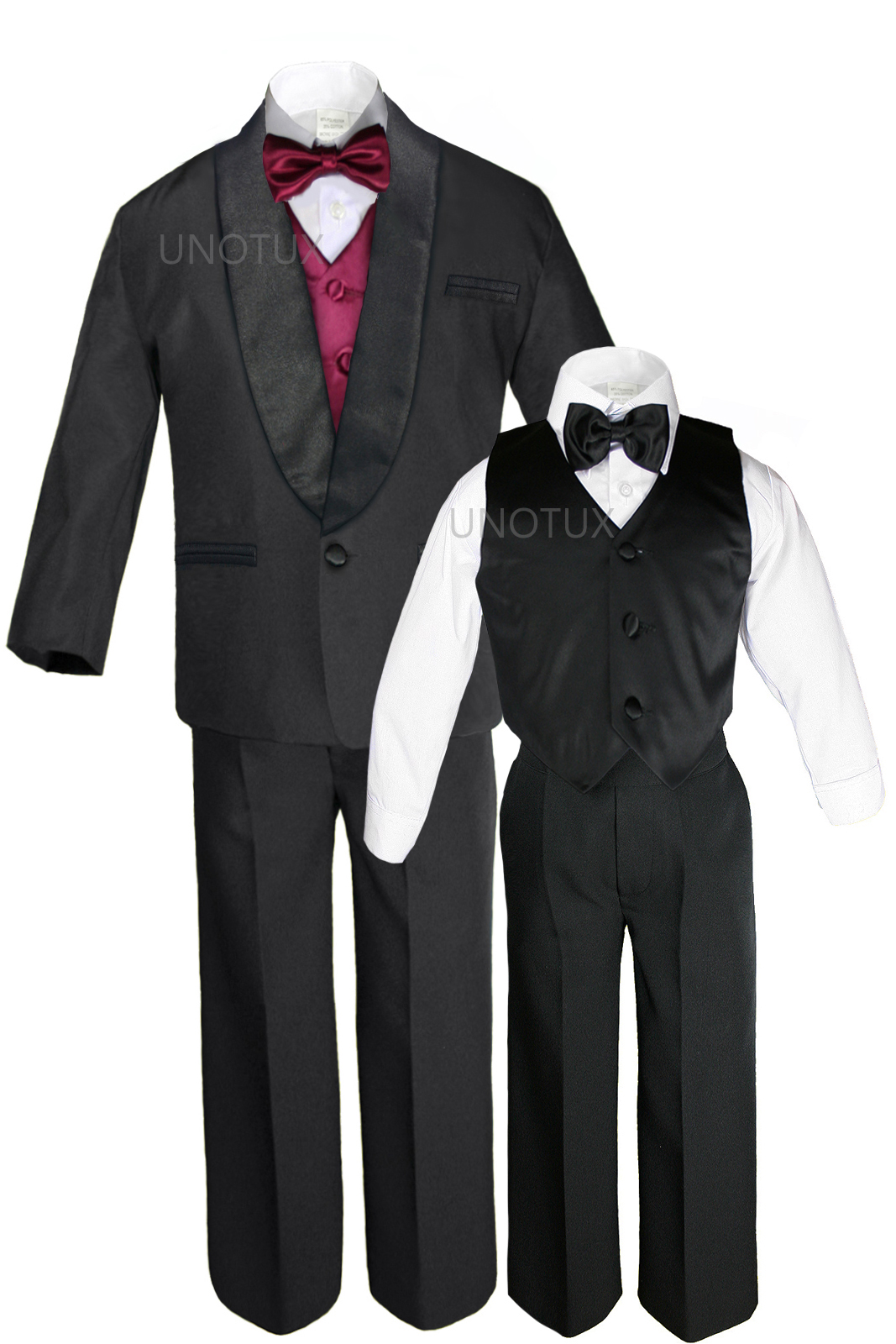 Unotux S M L XL 2T 3T 4T Baby Infant Toddler Black Formal Wedding Party Boy Shawl Lapel Suit Tuxedo Outfit 7pc Burgundy Vest Set