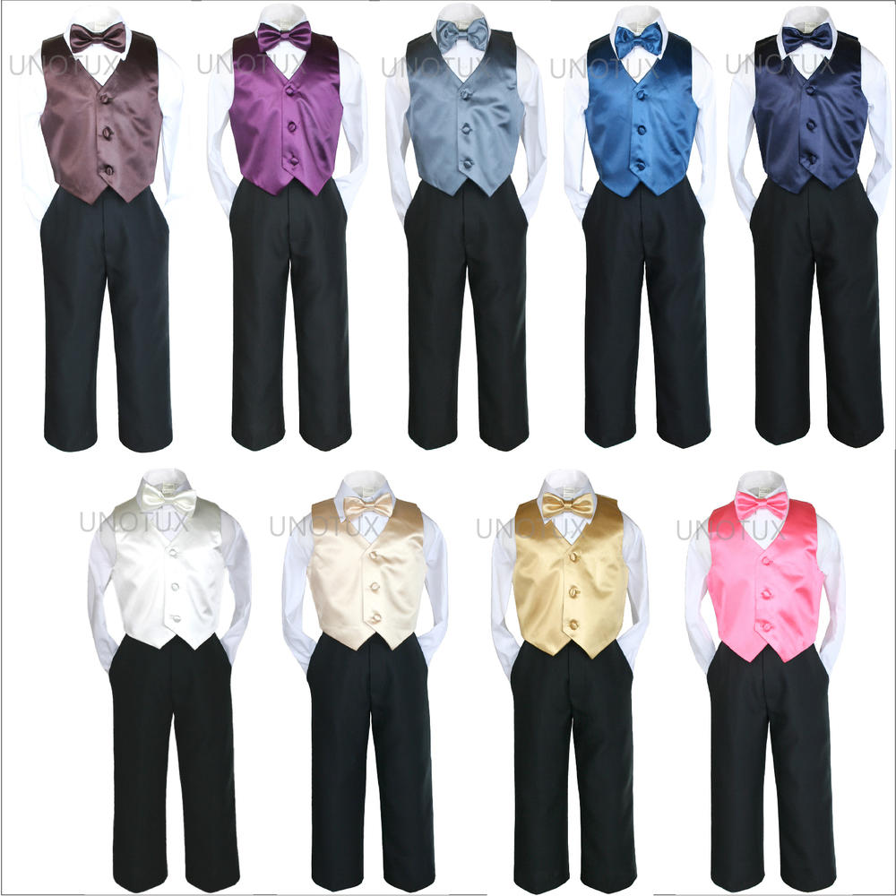 Unotux S M L XL 2T 3T 4T Brown 4pc Satin Vest Bow Tie Shirt Set Baby Infant Toddler Formal Wedding Party Boy Suit Outfit