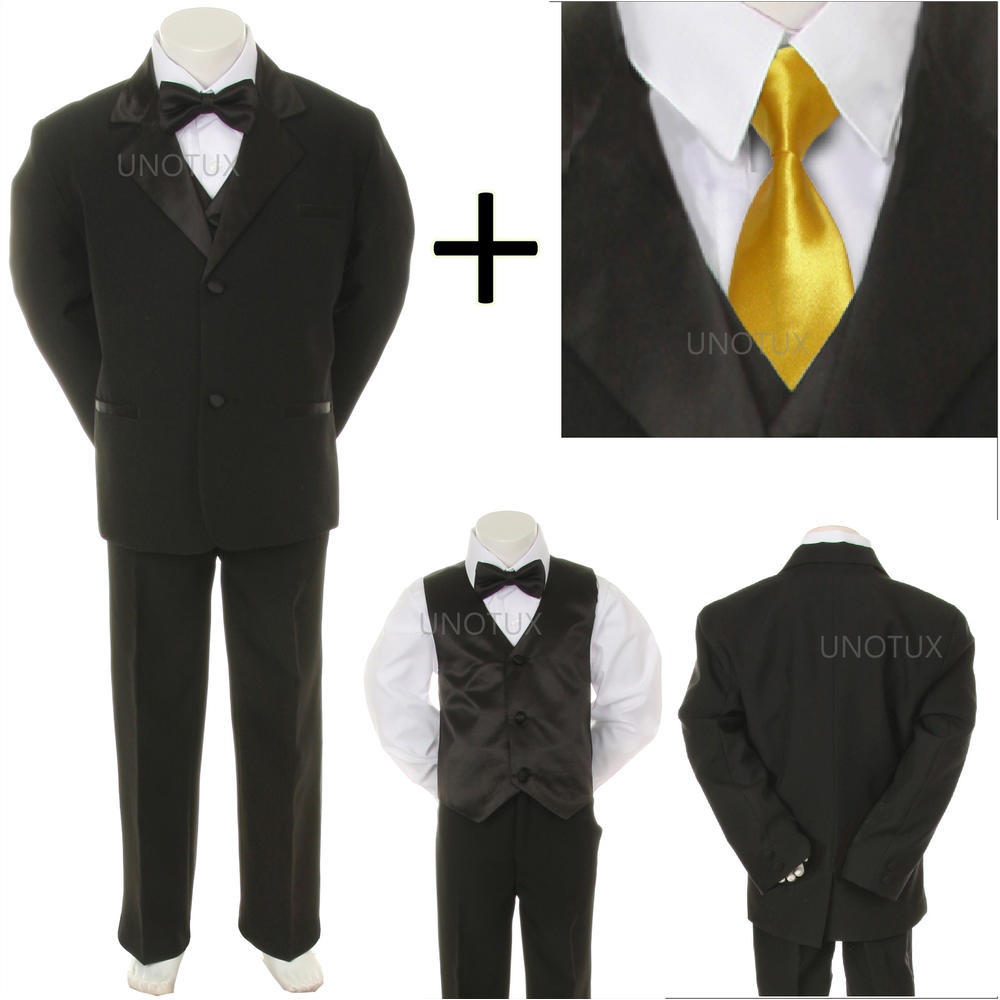 Unotux S M L XL 2T 3T 4T Yellow Satin Necktie + Baby Infant Toddler Black Formal Wedding Party Boy Bow Tie Suit Tuxedo 6pc Set