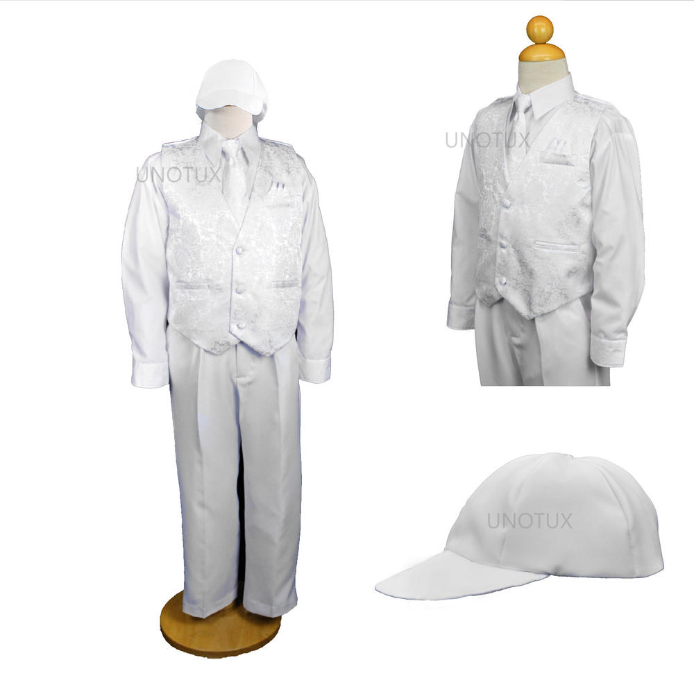 Unotux S M L XL 2T 3T 4T 5pc Set Baby Toddler White Formal Christening Baptism Shirt Paisley Vest Tie Boy Suit with Hat