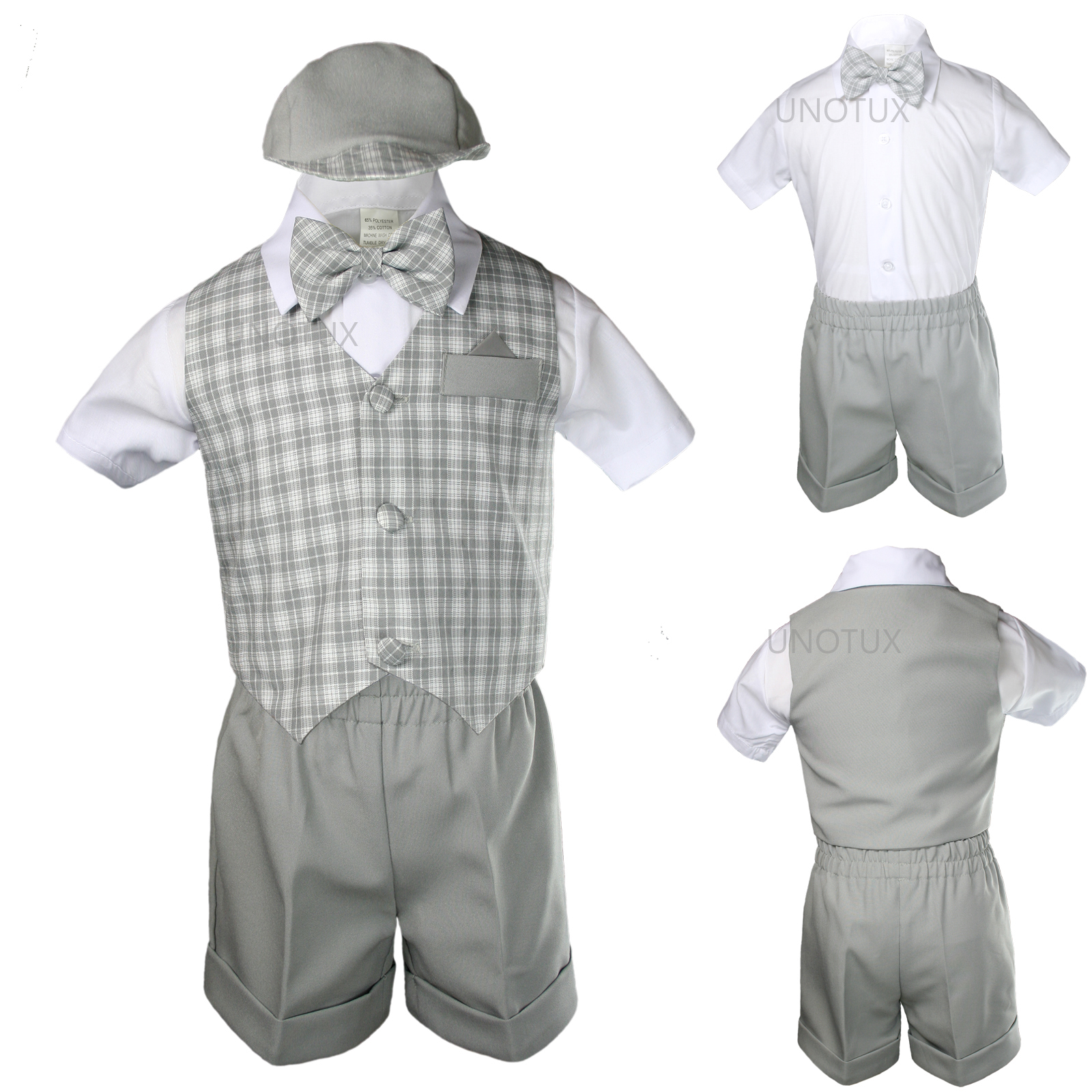 Unotux S M L XL 2T 3T 4T New Silver Gray Baby Infant Toddler 5pc Formal Summer Wedding Vest Shorts Set Gingham Boy Suit Bow Tie