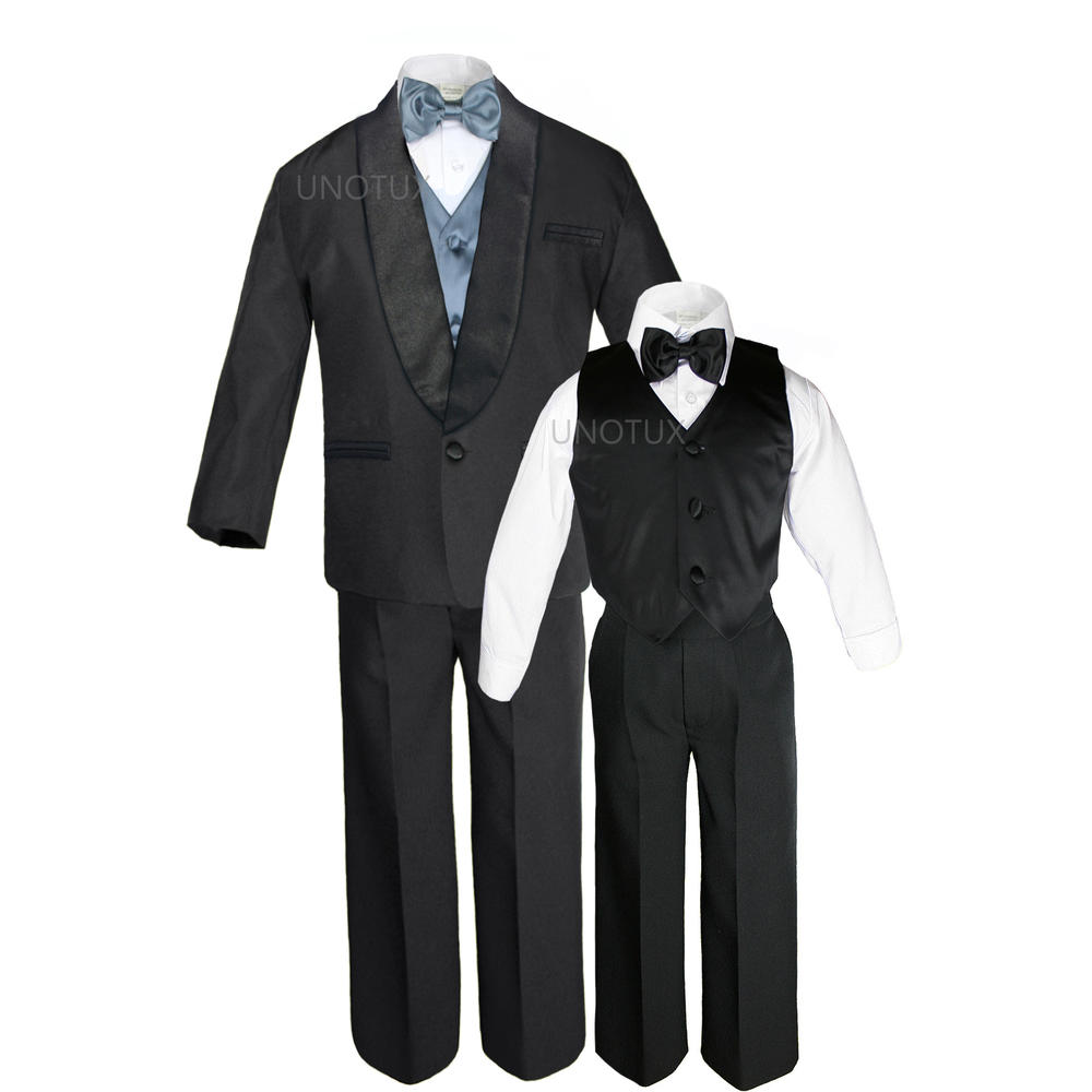 Unotux S M L XL 2T 3T 4T Baby Infant Toddler Black Formal Wedding Boy Shawl Lapel Suit Tuxedo Outfit 7pc Dark Gray Vest Set
