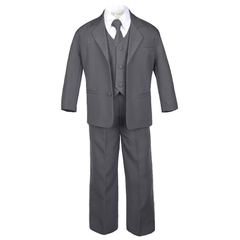 Unotux 7pc S M L XL 2T 3T 4T Baby Toddler Boys Dark Gray Suit Tuxedo Formal Wedding Party Outfit Satin White Necktie Vest Set