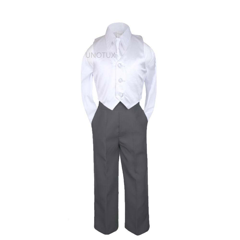 Unotux 7pc S M L XL 2T 3T 4T Baby Toddler Boys Dark Gray Suit Tuxedo Formal Wedding Party Outfit Satin White Necktie Vest Set