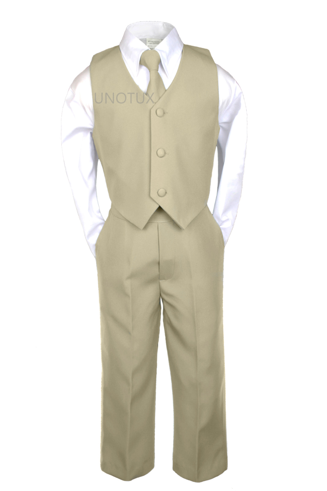 Unotux S M L XL 2T 3T 4T 7pc Mustard Satin Necktie & Vest + Baby Infant Toddler Formal Wedding Party Khaki Boy Suit