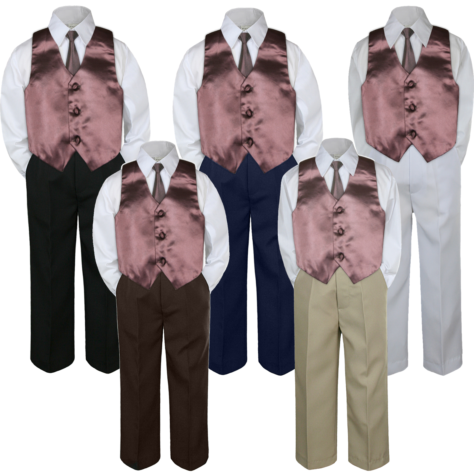 Unotux 4pc 5 6 7 Kid Child Children Boys Shirt Black Pants Suits Tuxedo Formal Wedding Party Brown Necktie Vest Set