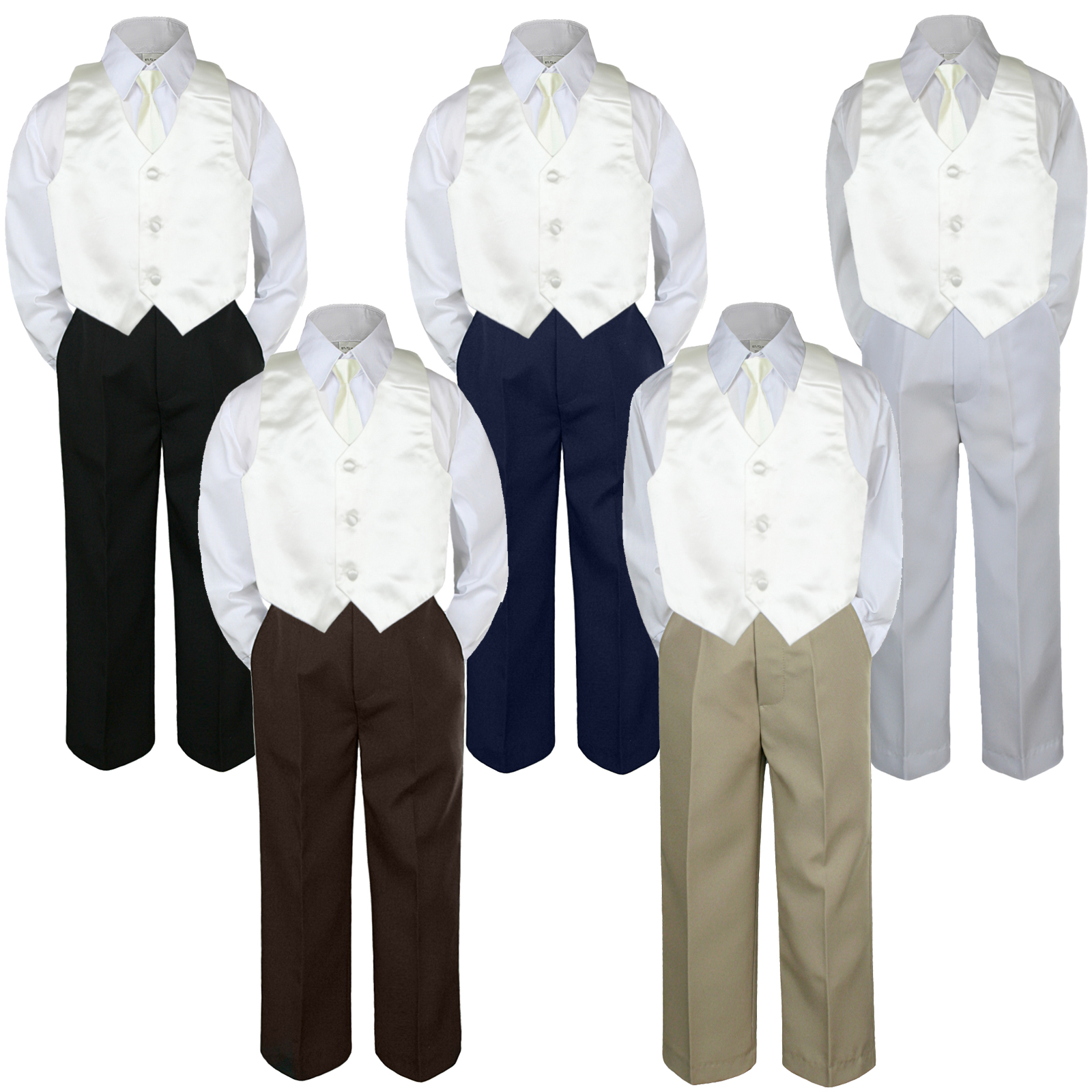 Unotux 4pc 5 6 7 Kid Child Children Boys Shirt Black Pants Suits Tuxedo Formal Wedding Party Ivory Necktie Vest Off white Set