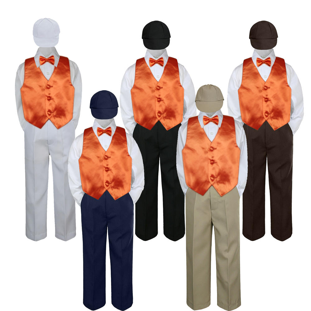Unotux 5pc S M L XL 2T 3T 4T Baby Toddler Boys Orange Tangerine Vermillion Shirt Pants Suits Tuxedo Wedding Bow Tie Hat Vest Set