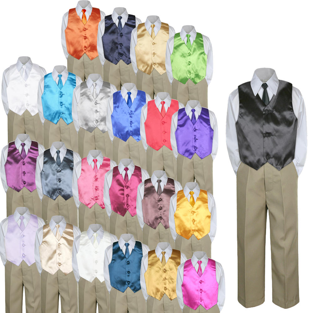 Unotux 4pc S M L XL 2T 3T 4T Baby Toddler Boys Shirt Khaki Pants Suits Tuxedo Formal Wedding Party Necktie Vest Set