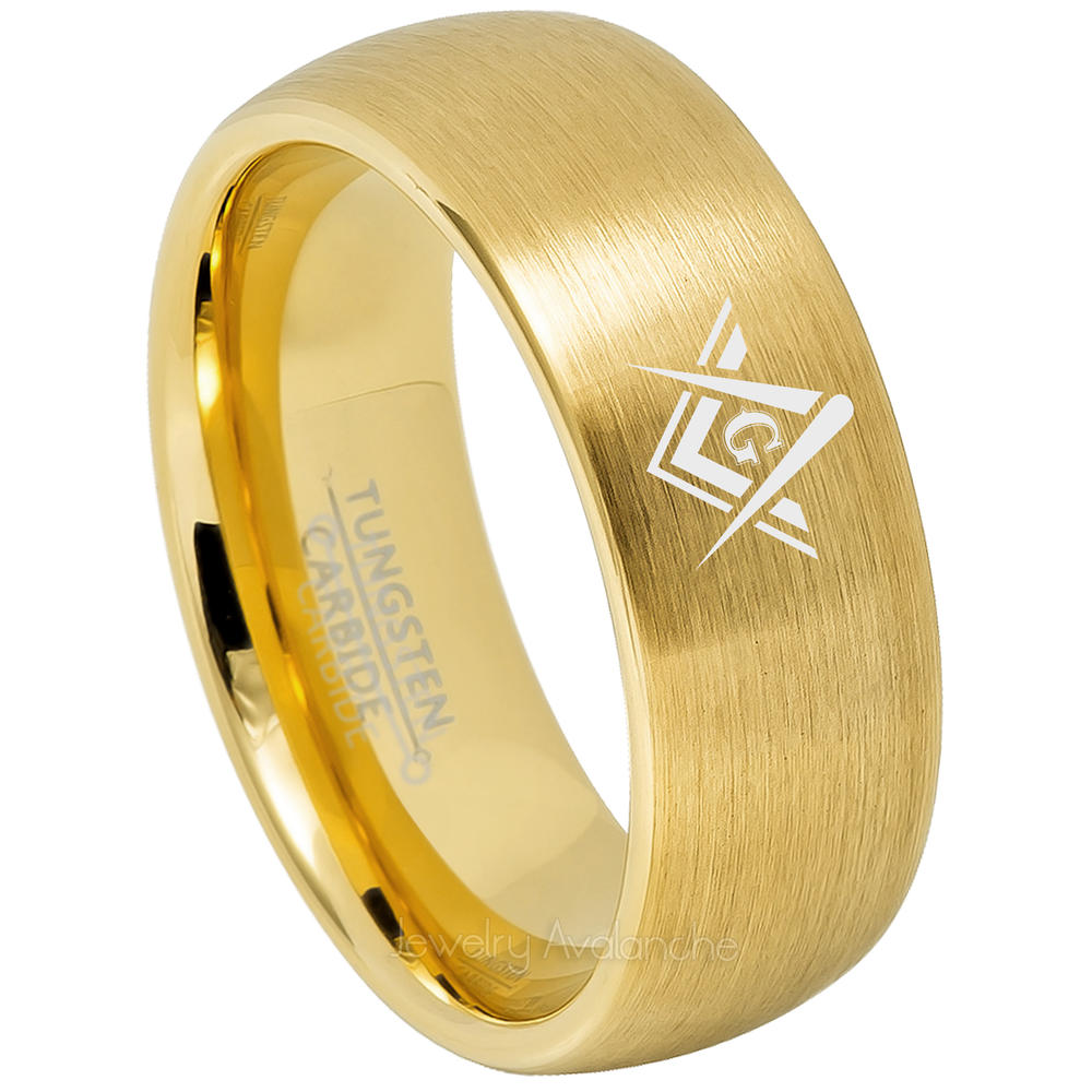 JA Tungsten Rings Masonic Tungsten Ring - Freemason Masonic Symbol Ring - 8mm Yellow Gold Plated Dome Men's Tungsten Carbide Ring - s7