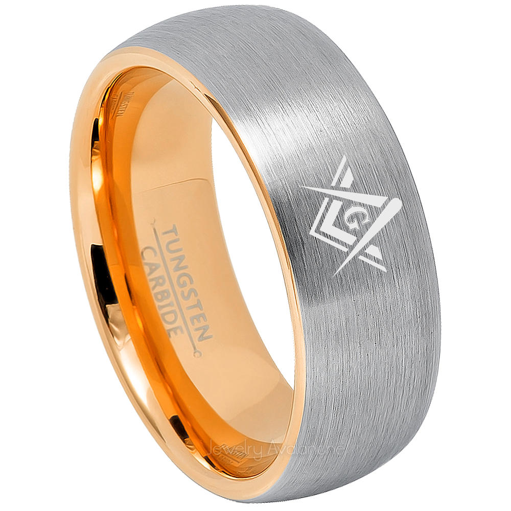 JA Tungsten Rings Masonic Tungsten Ring - Freemason Masonic Symbol Ring - 8MM 2-Tone Dome Men's Tungsten Carbide Ring - s7