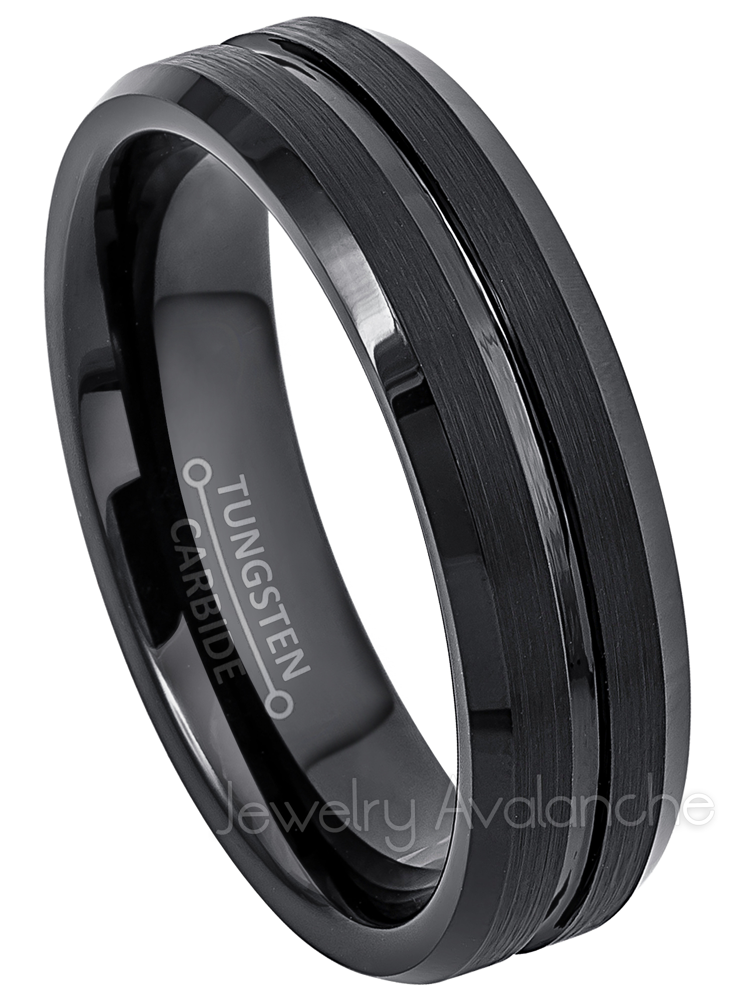 JA Tungsten Rings 6MM Black Tungsten Wedding Band Brushed Grooved Center Tungsten Carbide Ring Anniversary Band
