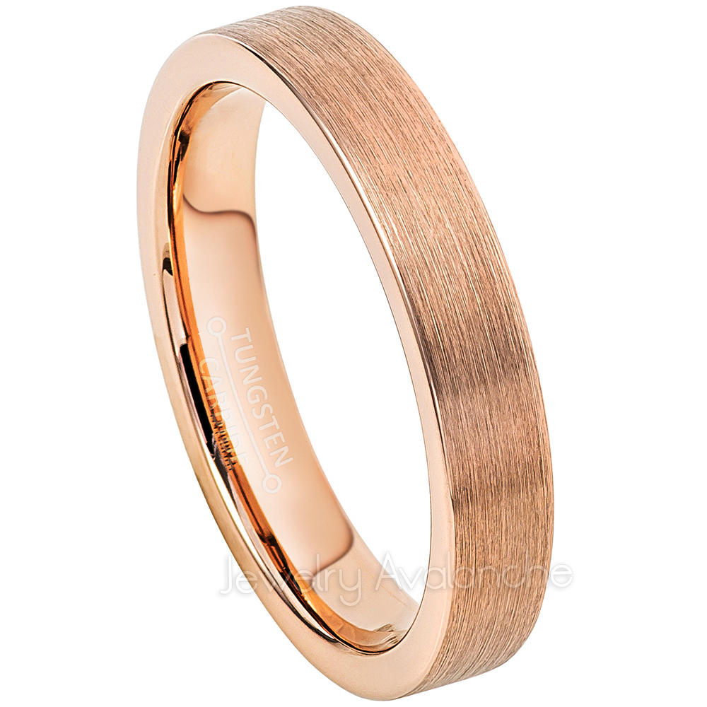 JA Tungsten Rings 4MM Rose Gold Plated Tungsten Wedding Band Ladies Pipe Cut Tungsten Carbide Ring Anniversary Band