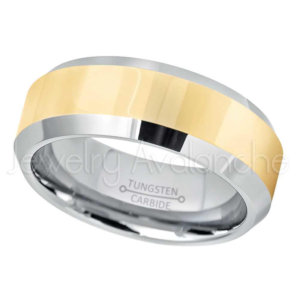 JA Tungsten Rings 2-Tone Tungsten Wedding Band - 8mm Polished Yellow Gold Plated Center Comfort Fit Dome Tungsten Carbide Ring - Anniversary Ring