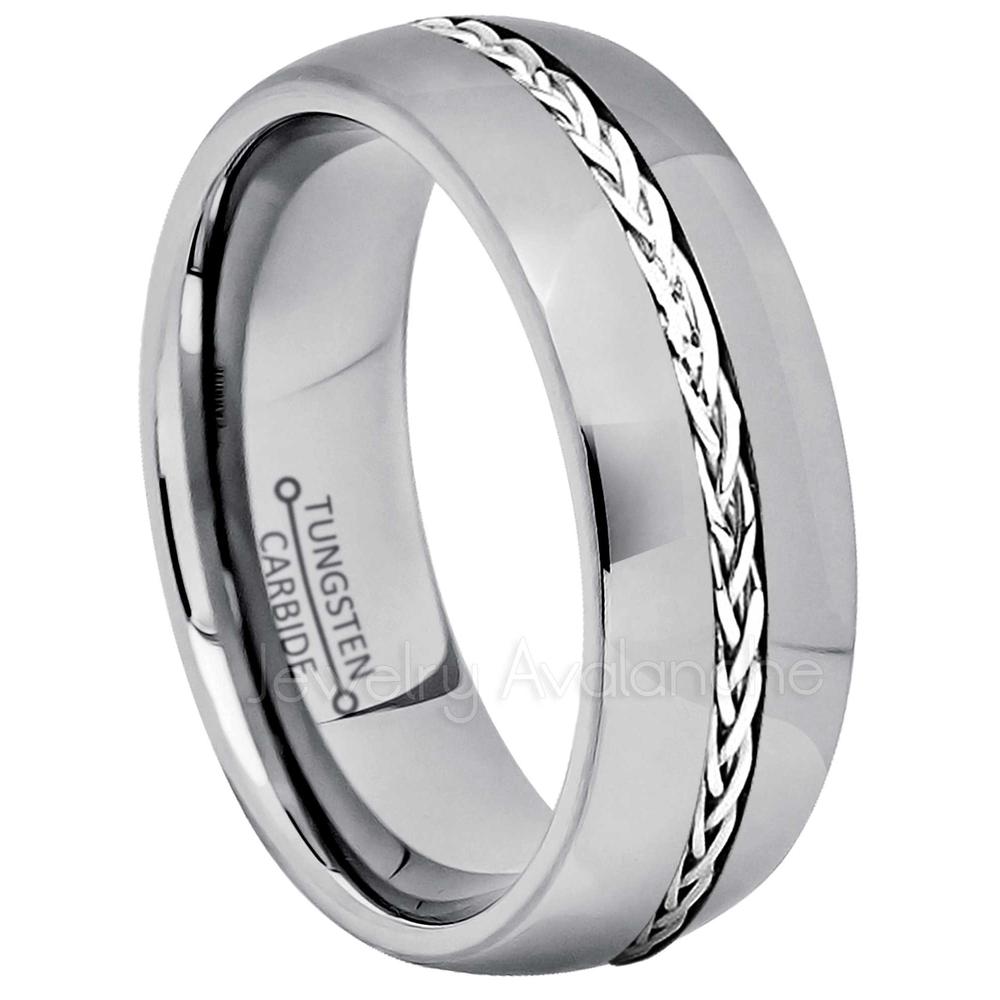 JA Tungsten Rings 8mm Dome Tungsten Ring - Polished Comfort Fit Tungsten Carbide Ring with .925 Braided Sterling Silver Inlay