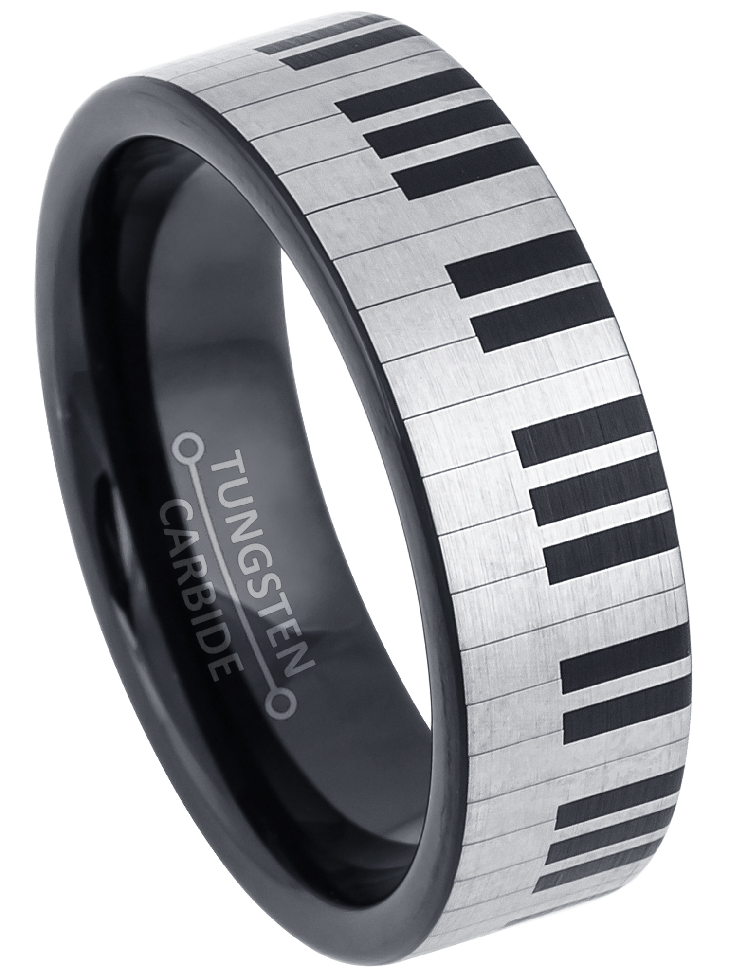 JA Tungsten Rings Piano Key Engraving Tungsten Ring - 7MM Pipe Cut Black Tungsten Wedding Band - Musical Tungsten Carbide Ring
