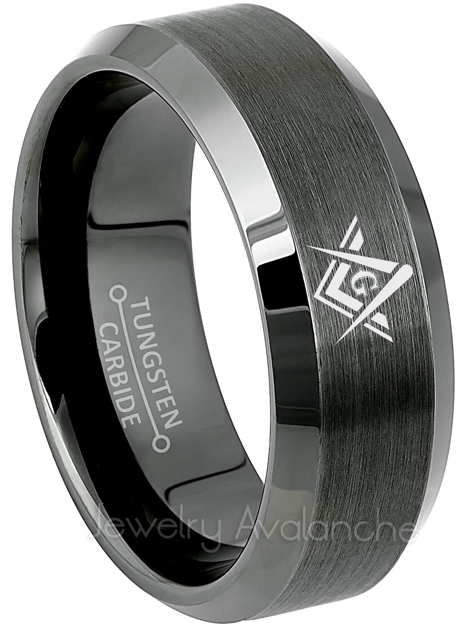 JA Tungsten Rings Masonic Tungsten Ring - Freemason Masonic Symbol Ring - 8mm Gunmetal Beveled Men's Tungsten Carbide Ring - s7