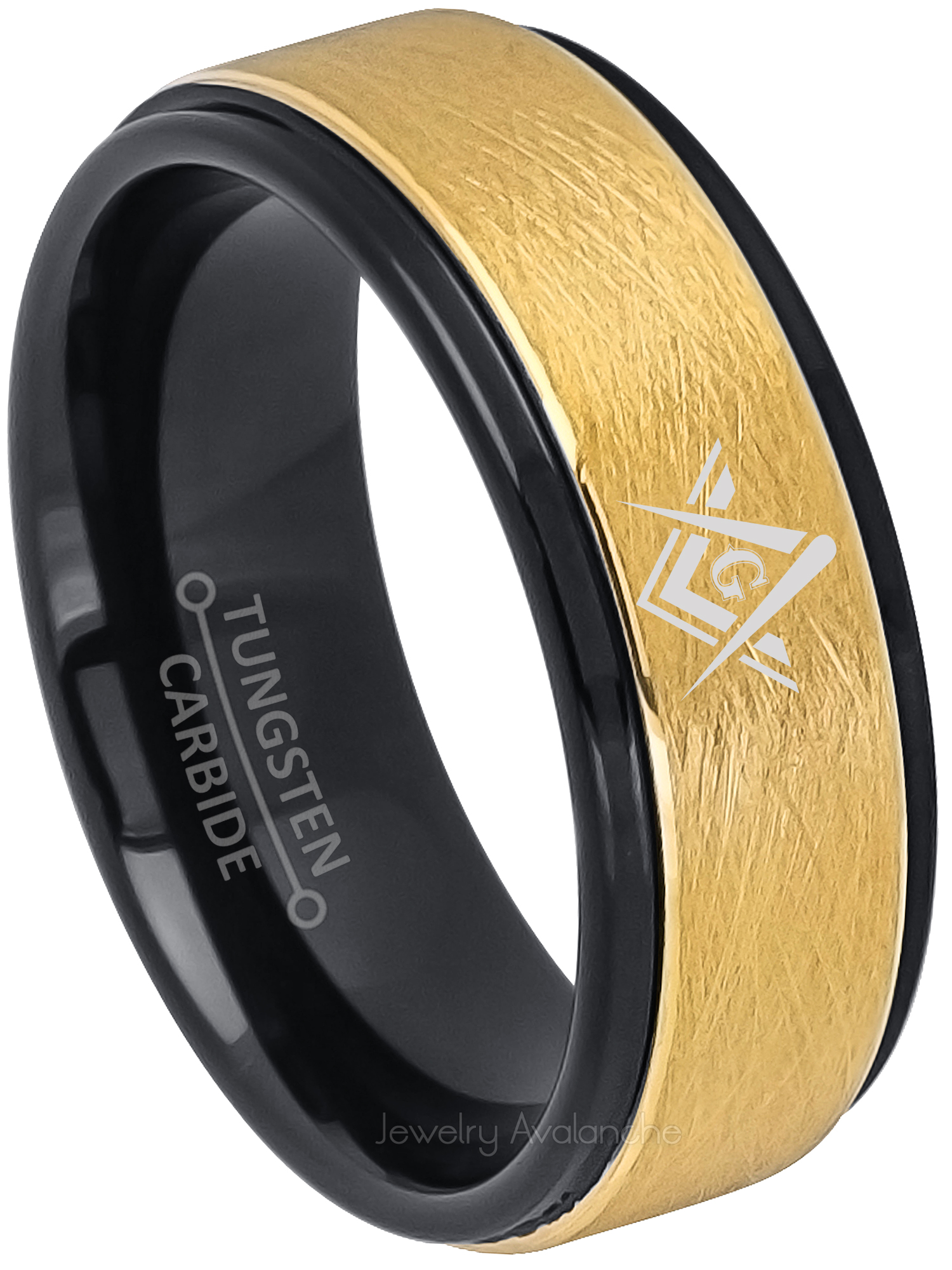 JA Tungsten Rings Masonic Tungsten Ring - Freemason Masonic Symbol Ring - 8MM Yellow & Black IP Men's Tungsten Carbide Ring - s7