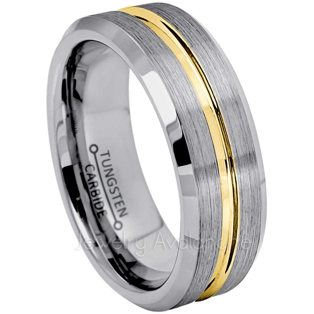 JA Tungsten Rings 2-Tone Tungsten Wedding Band - 7mm Brushed Finish Comfort Fit Tungsten Carbide Ring with Yellow Gold Plated Grooved Center