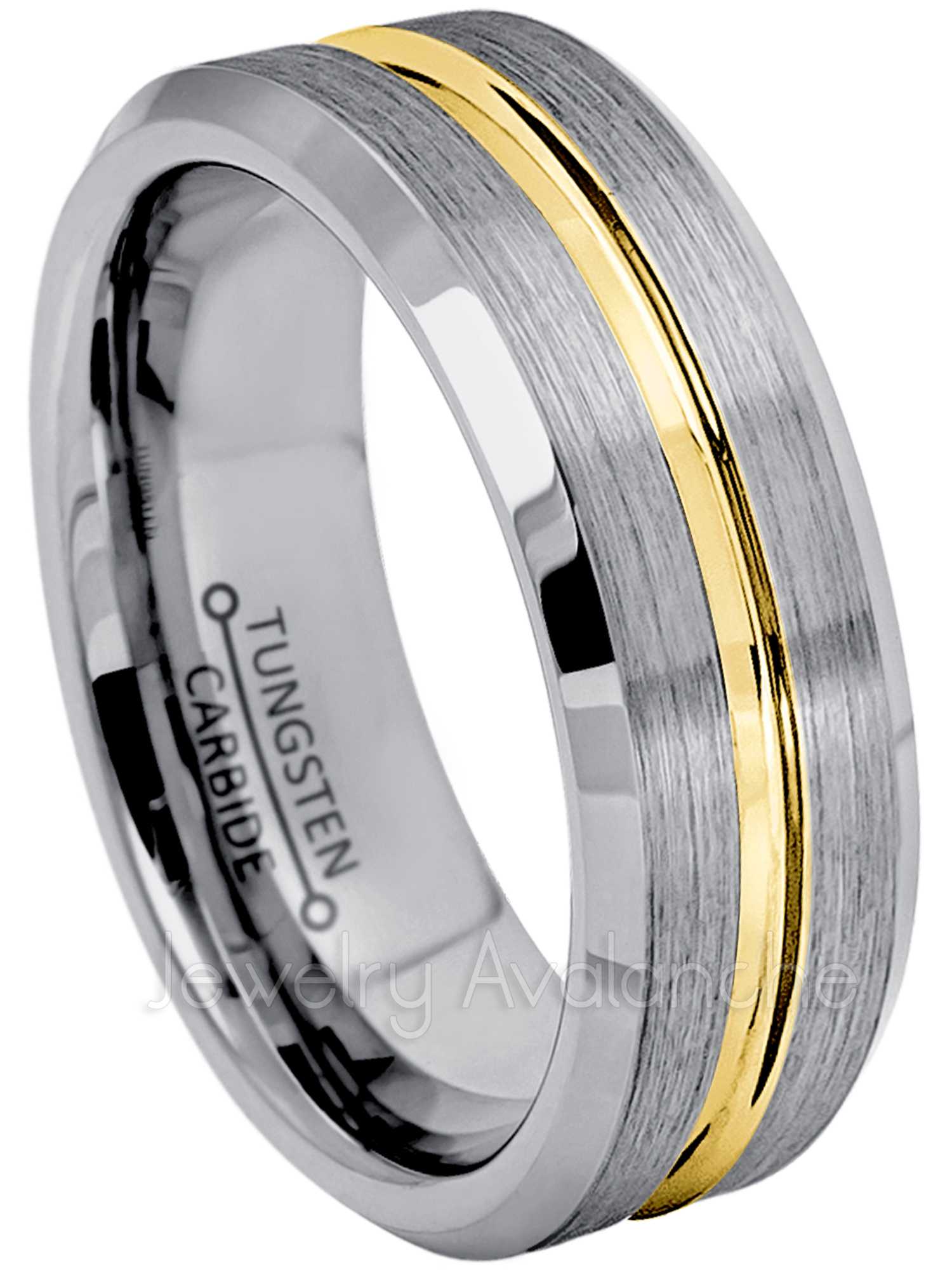 JA Tungsten Rings 2-Tone Tungsten Wedding Band - 7mm Brushed Finish Comfort Fit Tungsten Carbide Ring with Yellow Gold Plated Grooved Center