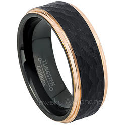 JA Tungsten Rings 2-Tone Hammered Tungsten Wedding Ring 8mm Black IP Tungsten Carbide Ring Anniversary Band