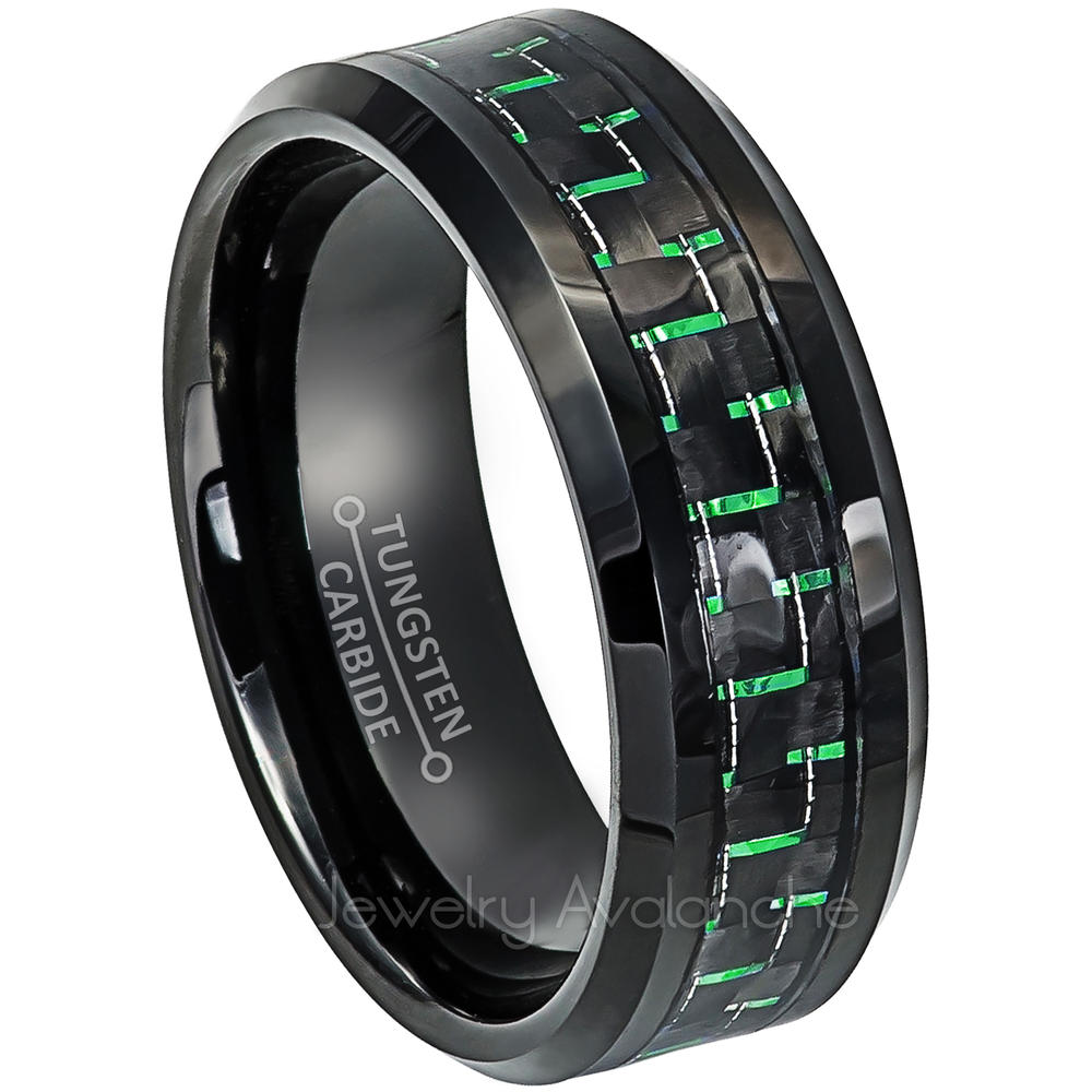 JA Tungsten Rings Beveled Tungsten Ring with Carbon Fiber Inlay - Men's Comfort Fit Tungsten Carbide Wedding Band - Anniversary Band