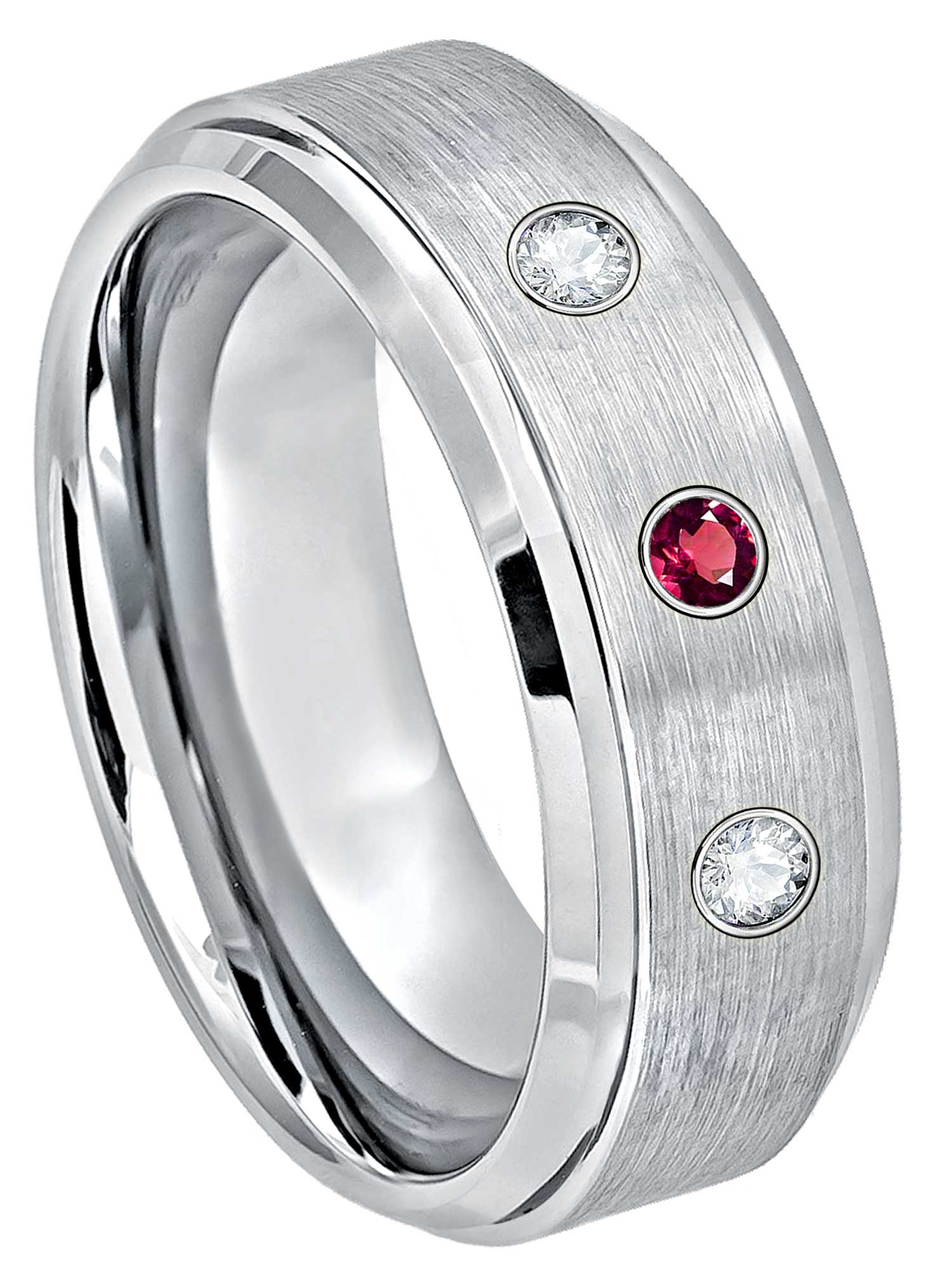 JEWELRY AVALANCHE 8mm Cobalt Ring Mens Wedding Band - 0.21ctw Ruby & Diamond 3-Stone Ring - July Birthstone Ring