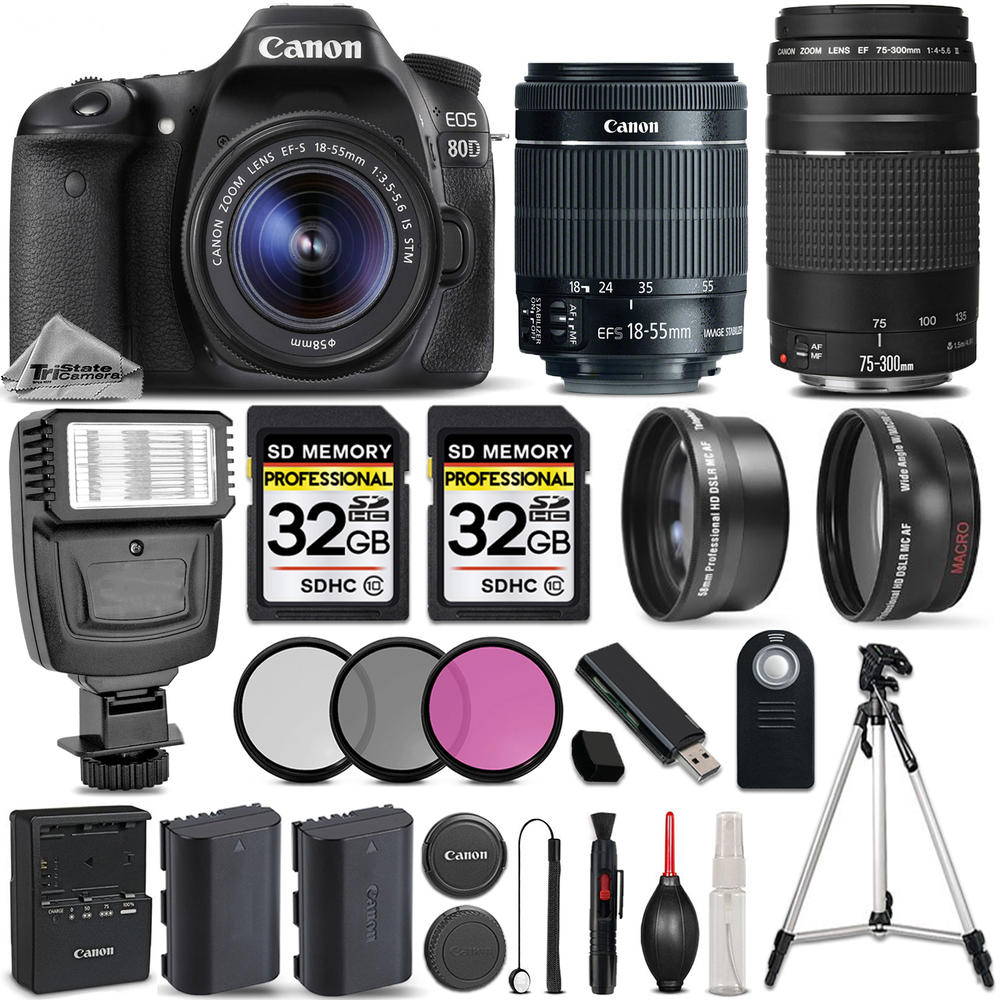 Canon EOS 80D DSLR Camera with 18-55mm STM Lens + Canon 75-300 III - 64GB KIT
