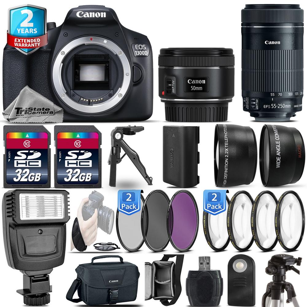 Canon EOS Rebel 1300D / T6 Camera + 50mm 1.8 STM + 55-250mm IS + 2yr Warranty