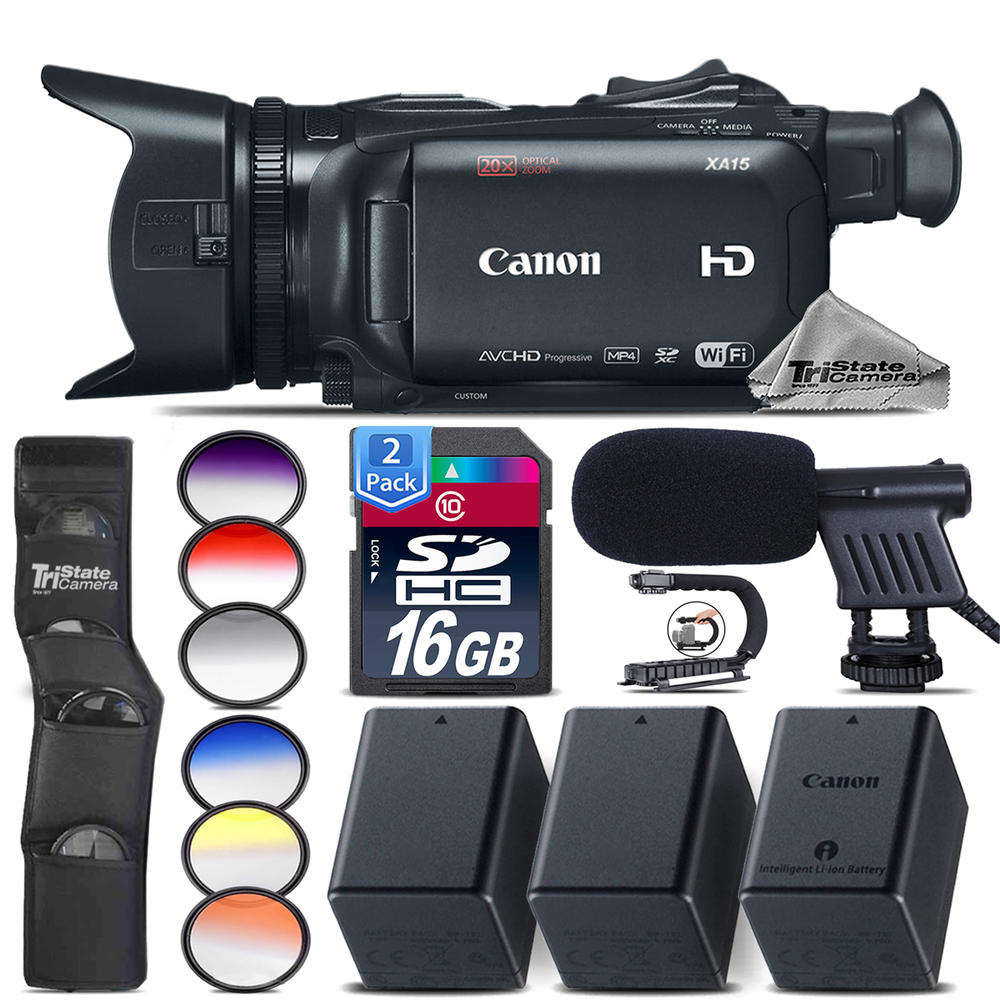 Canon XA15 Professional Camcorder + 2 Extra Battery + Shotgun Mic + 32GB Bundle