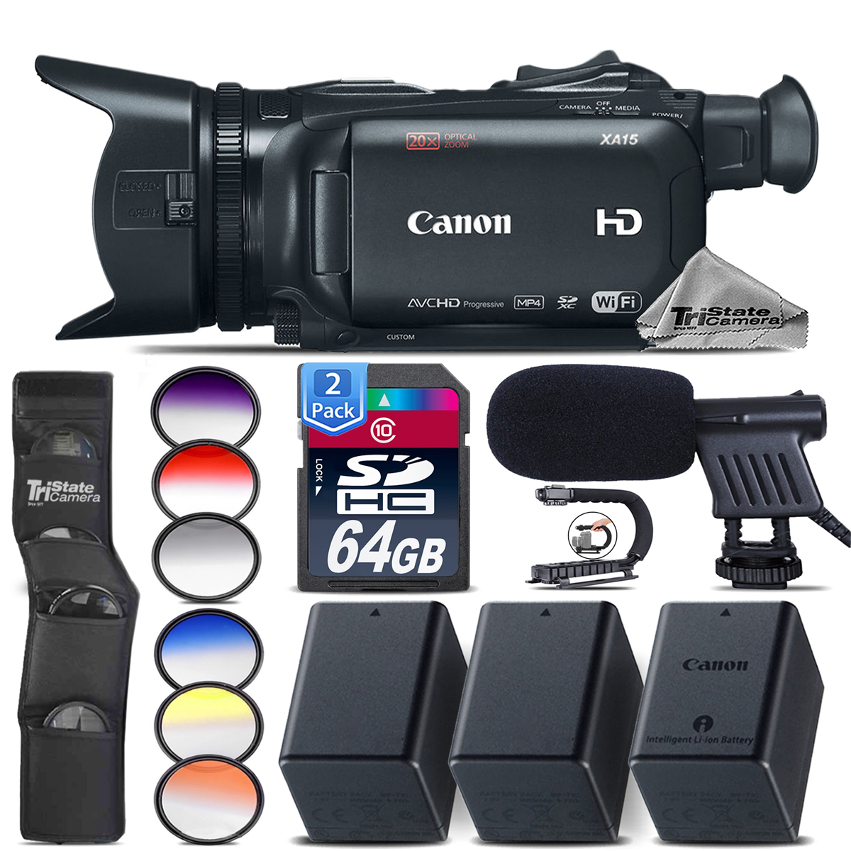 Canon XA15 Professional Camcorder + 2 Extra Battery + Shotgun Mic + 128GB Bundle