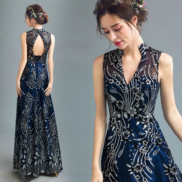 Dark Blue Chiffon A Line Beaded Long Prom Dresses Evening Dresses Prom24