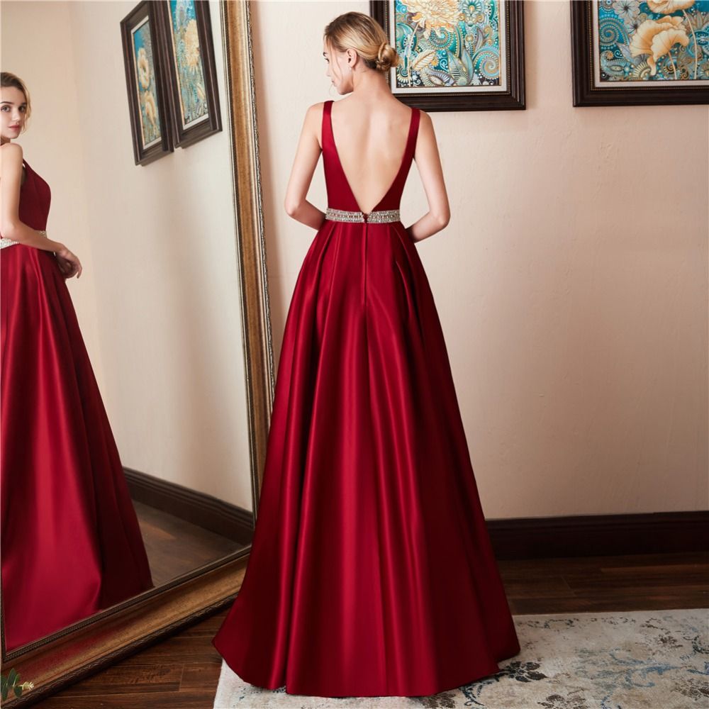 Prom Dress Designers New Women Sexy Party Formal Prom Dress Wine Red Deep V Back Sleeveless Floor Length Plus Size Maxi Evening Dress 0137