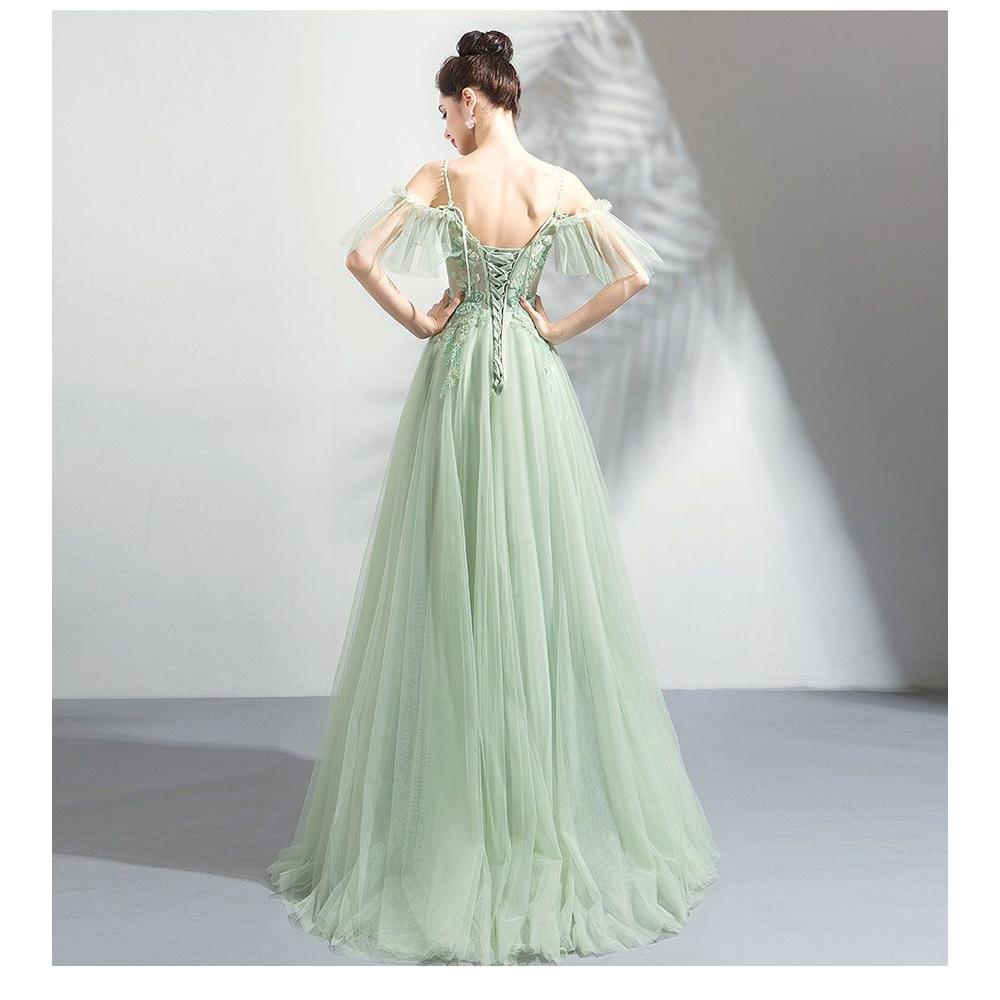 Party Dress Elegent Women's Sexy Party Dress Green Lace Show Back Backless Ruffle Sleeve Sheath Formal Evening Cocktail Dress DR6898GRN