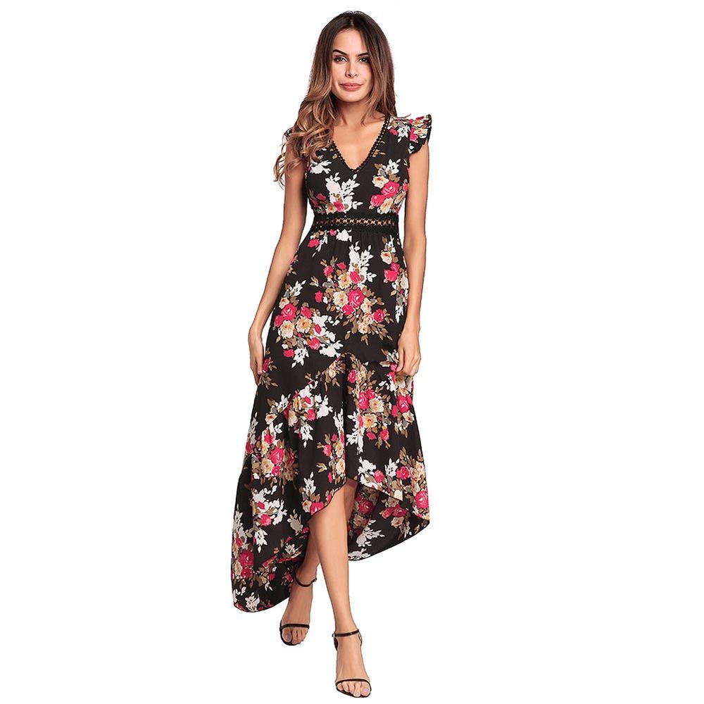 New Women S Sexy Party Dress Black Flowers Printed Sleeveless Short Front Long Back Evening Party Dress Dr1305blk